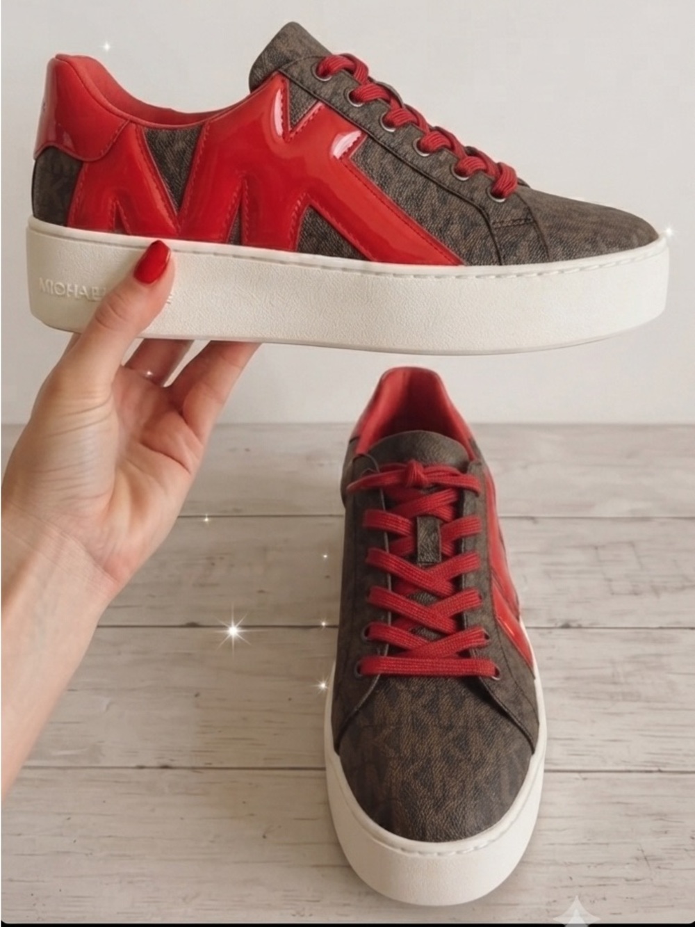 Michael Kors Brown Logo Sneaker with Red Accents Size 7